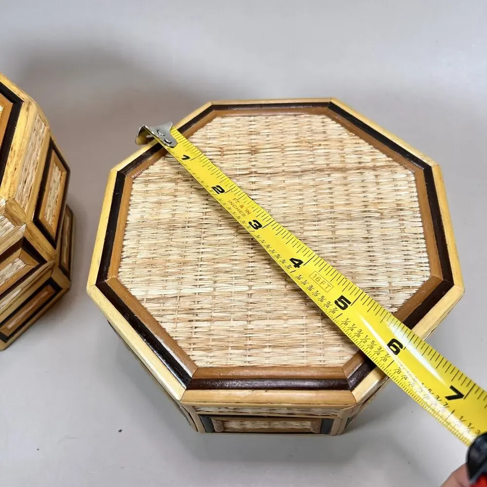 Vintage Bamboo Wicker Hexagon 3 Nesting Jewelry Trinket Boxes- EUC